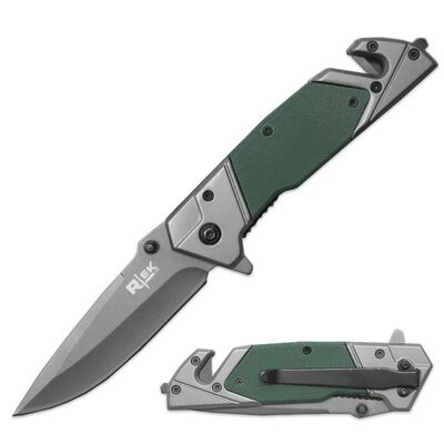 4.75" Green G-10 Handle Assist Open Folding Knife with Belt Cutter & Glass Breaker